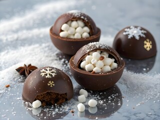 Chocolate Spheres Filled with Marshmallows and Cocoa, Sprinkled with Edible Snow on a Reflective Winter Surface