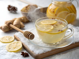 Hot Lemon-Ginger Winter Drink in Transparent Cup with Steam and Honey