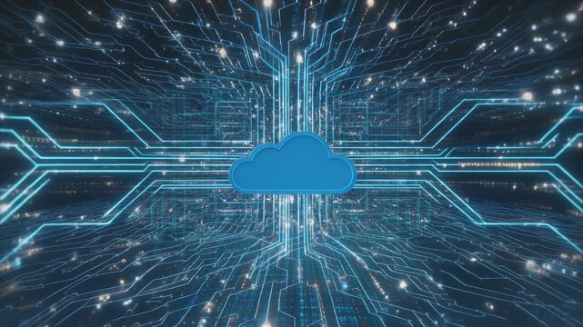 Cloud computing technology concept with blue cloud symbol and digital circuit background