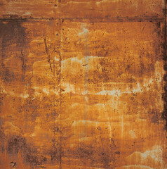 Close-up texture of an aged metal surface featuring a warm orange-brown rust patina, visible scratches, oxidation marks, and distressed wear patterns.