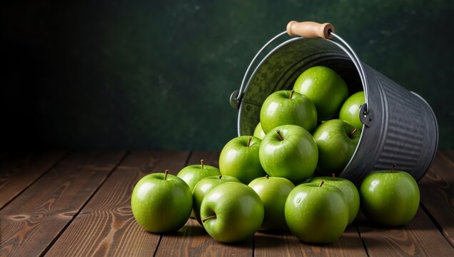 Fresh green apples spilling from a metal bucket on a rustic wooden table. Healthy fruit harvest background
