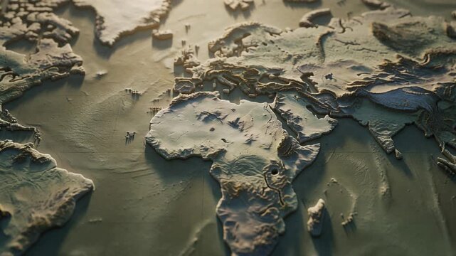 Detailed 3D relief map of the world showcasing geographical features and continents
