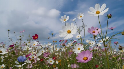 A beautiful meadow of cosmos flowers in full bloom under a blue sky with fluffy white clouds on a sunny day
