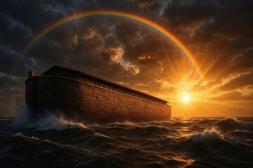 Noah's Ark on a stormy sea with a rainbow after the great flood. Biblical story of God's covenant and hope. Christian religious concept
