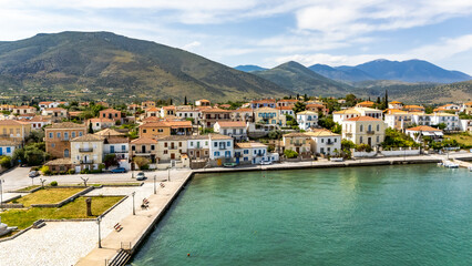 Aerial drone view of Galaxidi, Greece, in spring