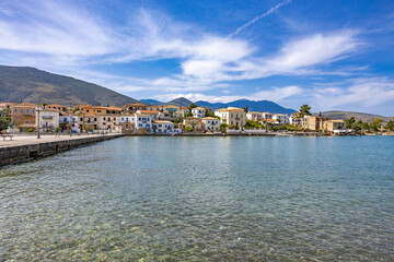 Aerial drone view of Galaxidi, Greece, in spring