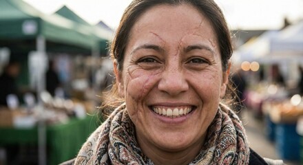 Woman with Facial Scars from Acid Attack Smiling Confidently in Close-Up Portrait