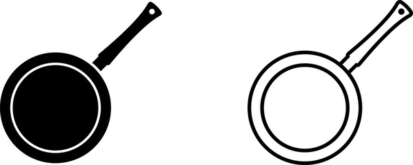 Simple icons of frying pan in black and white showing basic kitchen tools used for cooking various meals