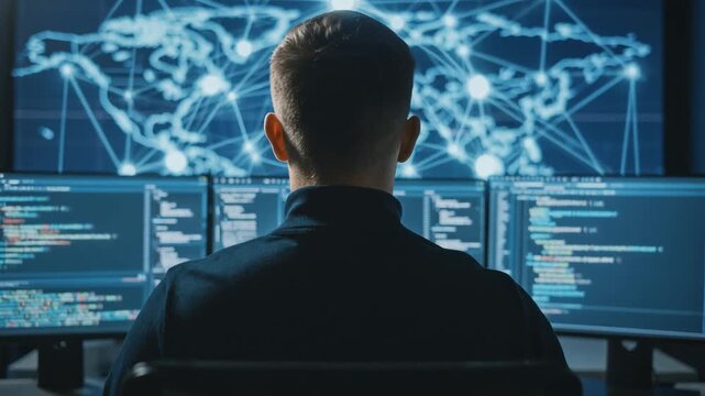 Professional programmer analyzing data on multiple screens in a modern tech environment