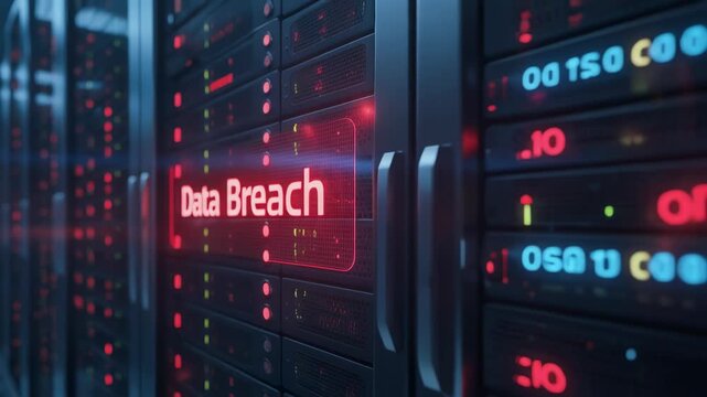 Data Breach Alert in Server Room, Cybersecurity Concept with Digital Display