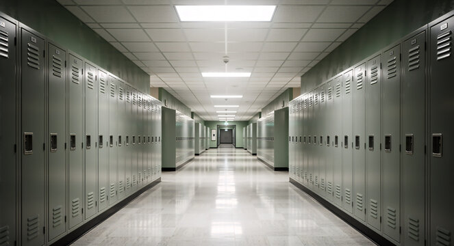 An empty school hallway with rows of green lockers. Symmetrical one-point perspective view of a long corridor in a high school or university building