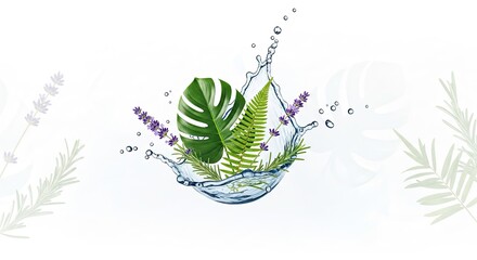 Fresh botanical beauty concept with water splash showcasing monstera fern and lavender for natural