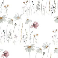 Watercolor seamless pattern with flowers and herbals. Hand drawn illustration on white background