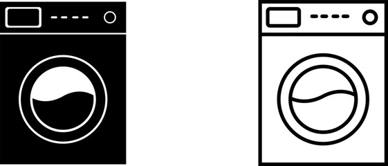 Simple logos of washing machines in black and white design showing front view details of appliance structure and features