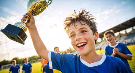 Fototapeta premium Joyful boy celebrating a soccer victory by raising a gold trophy. Happy young champion smiling after winning a football tournament with his team
