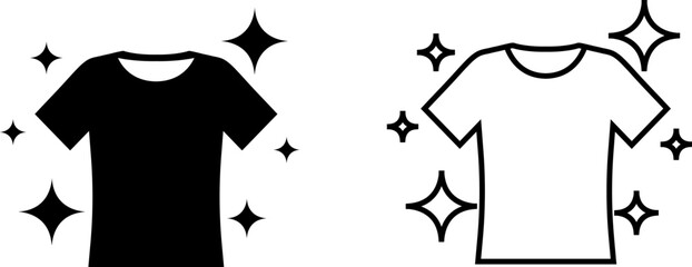 Black and white logo of t-shirt designs with sparkles showing cleaning or freshness for clothing brands or laundry services