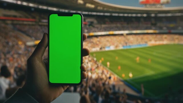 Smartphone in hand at a vibrant sports stadium with a bright green screen ready for customization