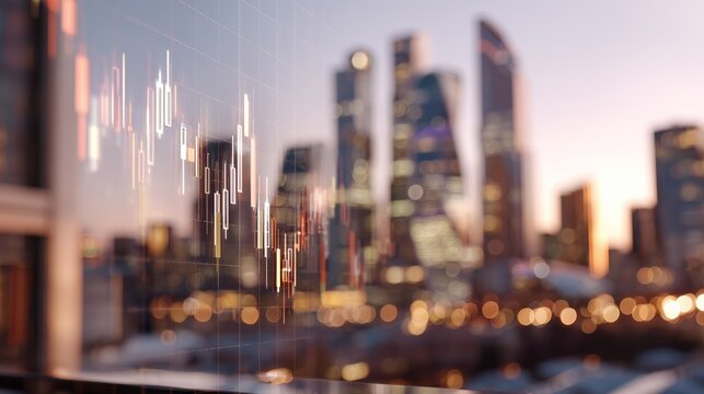 Market trends and city skyline at dusk with rising investment figures - Powered by Adobe