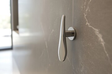 A simple stainless steel towel hook positioned neatly on the bathroom wall.
