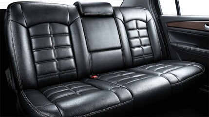 Obraz premium Black leather car back seat with details, close-up shot, interior design focus