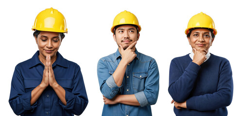 Three diverse construction workers, including a young Asian man and two Indian women, wearing yellow hard hats, expressing thoughtful and contemplative poses against a transparent background.
