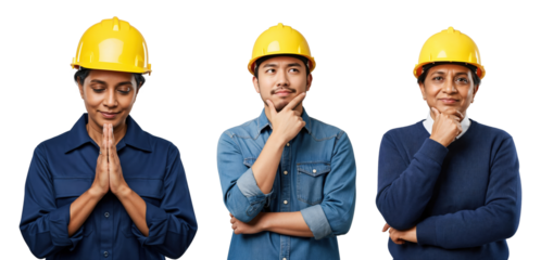 Three diverse construction workers, including a young Asian man and two Indian women, wearing yellow hard hats, expressing thoughtful and contemplative poses against a transparent background.