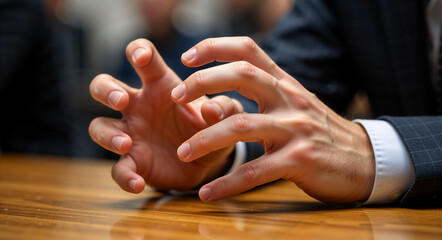 Obraz premium Businessman's tense hands gesturing over a table. Man expressing stress, anger and frustration during a difficult negotiation. Corporate conflict and power concept