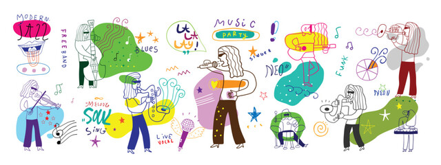 Music band doodle illustration , hand drawn musicians vector collection