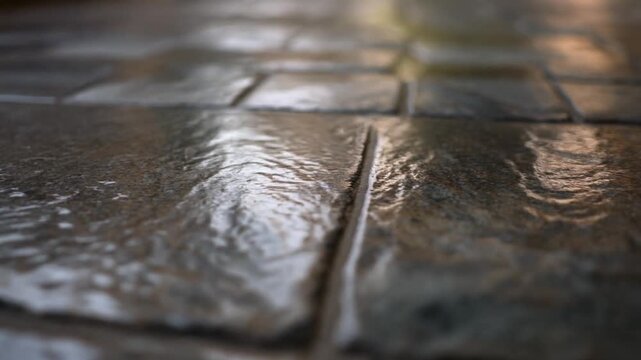 Close-up view of wet, dark, textured floor tiles with visible grout lines reflecting light.
