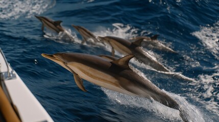 A group of marine mammals swimming alongside a research boat, scientists recording acoustic data from hydrophones lowered into the deep — wildlife monitoring, underwater communication study, and