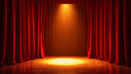Bright stage lights illuminate a red velvet curtain in a theater setting ready for performance