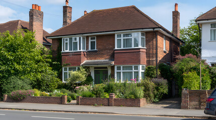 shrubbery. Charming suburban home with lush front garden bathed in warm afternoon sunlight. real-estate listings.