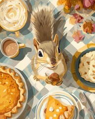 Warm Autumn Breakfast Table Illustration with Squirrel, Pastries and Sunlit Cozy Morning Scene