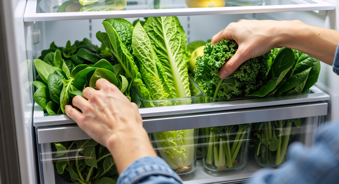 Person organizing fresh green leafy vegetables in a refrigerator drawer. Healthy eating and food storage concept with spinach, lettuce, and kale