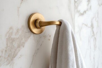 A polished brass hook for towels installed on a white bathroom wall.