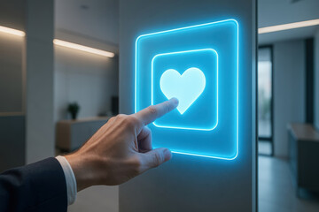 A man's hand presses a glowing blue heart icon on a touch screen. Close-up of a finger on a futuristic like button for social media feedback and approval
