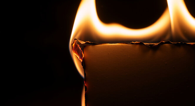 Burning paper with an orange flame against a black setting. Hot fire consuming the edge of a document. Destruction and danger concept - Powered by Adobe