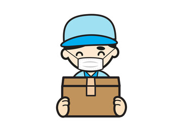  マスクをして小包を持つ男性運送会社職員のイラスト