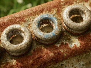 Close-up view of oxidized screws and bolts with rust and discoloration in a natural setting during daylight hours