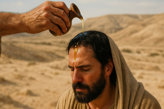 A man is anointed with holy oil from a clay jug in the desert. Biblical scene depicting a sacred spiritual ritual of faith and consecration