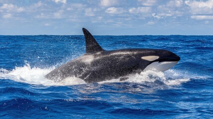 Fototapeta premium Large marine mammal breaches surface amidst deep blue ocean waters under a partly cloudy sky