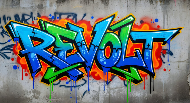 Revolt graffiti art spray painted on a weathered concrete wall, featuring vibrant blue, green, orange, and red colors with artistic drips and splashes, depicting urban culture and youth expression. - Powered by Adobe