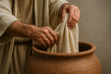 Close-up of a man in ancient robes washing a cloth in a clay pot. Biblical scene representing humility and service. Historical depiction of Jesus
