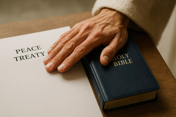 A hand rests on a document labeled 'Peace Treaty' next to a blue Holy Bible. The scene conveys themes of agreement and spirituality.