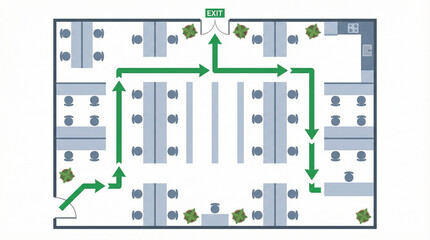 Fototapeta premium Office evacuation route floor plan showing emergency exit pathways directional arrows and escape directions for workplace safety and disaster preparedness