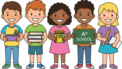 Happy, diverse elementary school children illustration with books, crayons, pencils, and chalkboard, ready for school and learning. Education concept