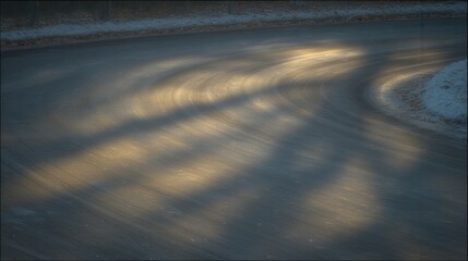 Skid marks on a snowy road signal careful driving in a winter landscape near a bend during daylight hours