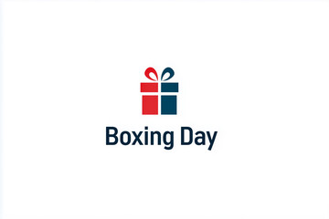A minimalist graphic features a red and blue gift box icon with a red bow, positioned above the dark blue text "Boxing Day" on a crisp white background.
