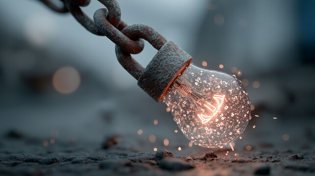 A neon lock idea bulb dissolving into particles of binary code, digital security and hacking concept with cyber theme and modern design, Generated AI - Powered by Adobe