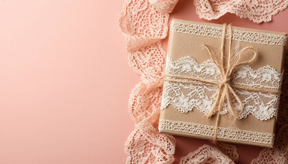 Kraft-wrapped present with antique lace trim on soft pastel backdrop